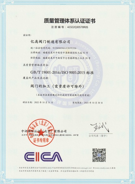 億高閥門制造有限公司ISO9001質量管理體系認證證書通過審核